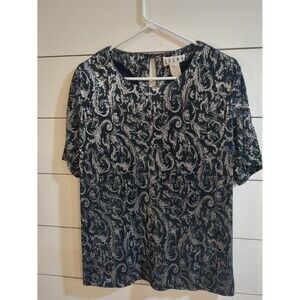 Vintage women's large erena crinkle dressy silver black top party grandma